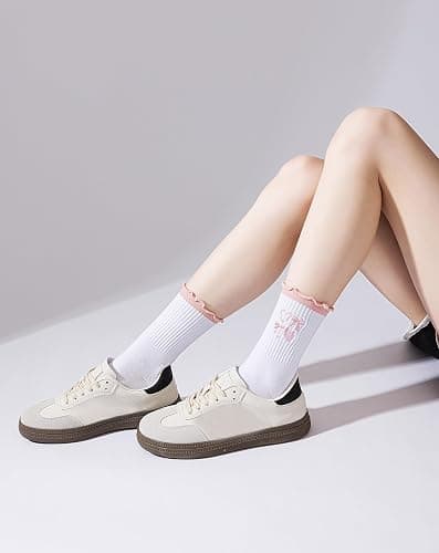 Yawlsow Cute Pilates Grip Socks for Women Ruffle Frilly Yoga Socks Non Slip Cotton Crew Grippy Sock for Barre Workout thumbnail 2