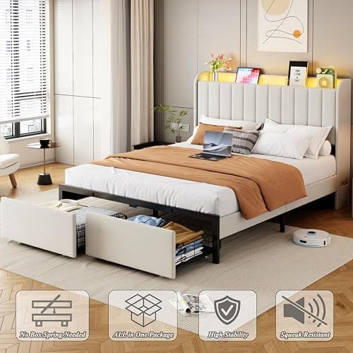 Full Size Bed Frames with Storage Headboard and 2 Drawers, Upholstered Platform Bed Frame Full with Led Lights and Handy Charging Station, No Box Spring Needed, Easy Assembly, Noise Free, Beige thumbnail 8