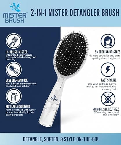 Mister Brush 2-in-1 Hairbrush Mister – Innovative Hair Mist & Brushing Tool for Wet & Dry Hair Styling – No-Tangle Bristles, Convenient Water Reservoir, Easy-to-Use (White) thumbnail 2