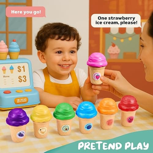 JoyCat Ice Cream Toy Set for Toddlers 1-5,Color Sorting & Stacking Toys | Match colors, stack scoops and serve pretend ice cream; included 7 cones and scoops support counting and little-hand play thumbnail 5