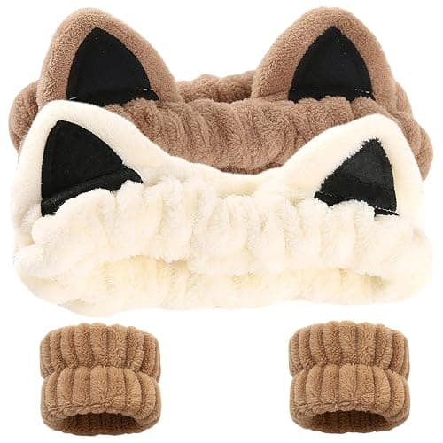 Cat Ears Headband, Cute Spa Headband and Wristband Set Washing Face Skincare Makeup Headbands for Women Girls Trendy Stuff Present Soft Coral Fleece Hair Accessories(1Beige+2Khaki) - Image 1