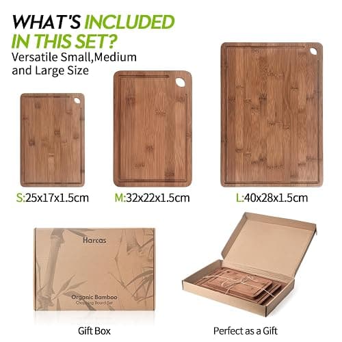 3 Piece Organic Bamboo Chopping Board Set by Harcas. 3 Sizes. Beautifully Crafted. Perfect for Serving Cheese or Antipasti, Cutting Meat, Vegetables or Fruit thumbnail 4