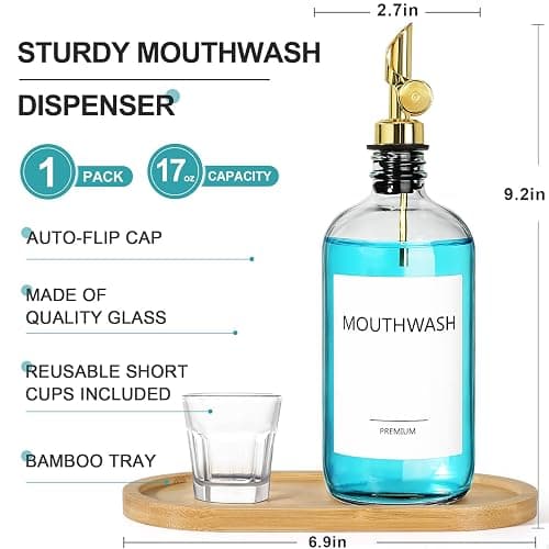 TOLDATLI Mouthwash Dispenser for Bathroom, Glass Mouthwash Dispenser with Cup, Mouth Wash Container Bottle with Cup, Refillable Mouthwash Decanter, Clear, 1 Pack, 17oz, with Wooden Tray thumbnail 2