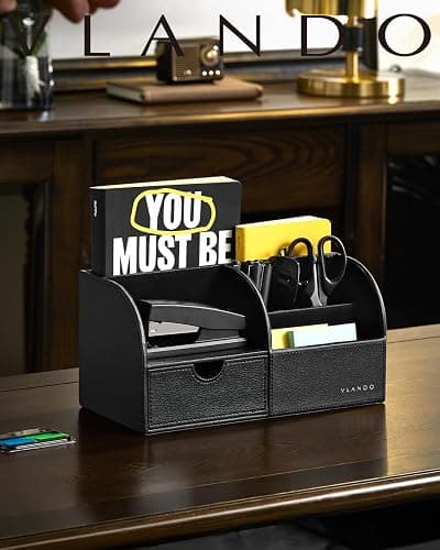 Vlando Desk Organiser with Drawer, Leather Office Stationery Desk Organiser, Multifunctional Desk Pen Organiser, Remote Control Holder, Black thumbnail 2