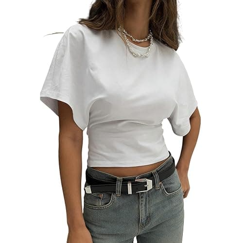 Womens Wide Short Sleeve Y2k Shirts Summer Going Out Grunge Tops Cinched Waist T Shirt Fitted Casual Cropped Top - Image 1