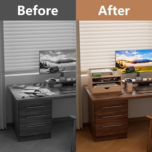 HeyiQiL Paper letter tray, Stackable 4-Tier Wood Desk File Document Organizer with Drawer and Pen Holder For Home Office Classroom thumbnail 5