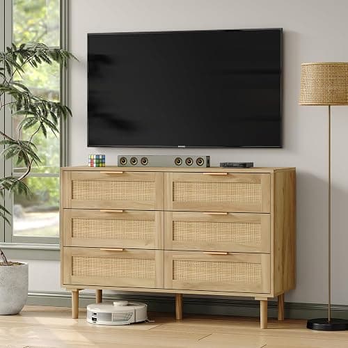 Furniouse 6 Drawer Rattan Dresser for Bedroom Wood Boho Dressers with Solid-Wood Legs & Natural Real Rattan Drawer, Modern Chest of Drawers Beside Table for Bedroom, Living Room thumbnail 5