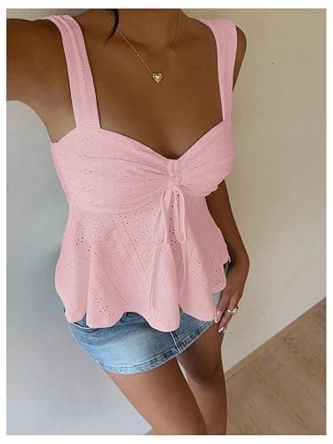 Milumia Women's Eyelet Tie Front Ruched Tank Tops Y2k Going Out Peplum Top | Babydoll, Sexy Slim Fit, Sleeveless, Flowy, Summer, Beach Vacation Outfits, Country Concert thumbnail 2