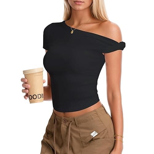 Curvphilo Women Summer Off Shoulder Tops Y2K Going Out T Shirts Double Lined Crop Top Fashion Clothes Trendy Outfits