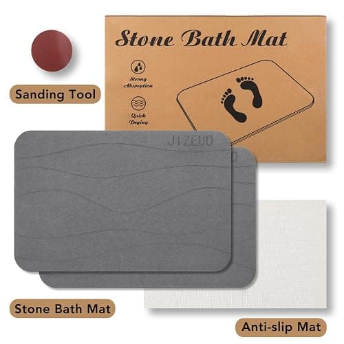 JIZEUO Stone Bath Mat, Diatomaceous Earth Shower Mat, Non-Slip Super Absorbent Quick Drying Bathroom Floor Mat，2 Pack, Grey - Gery thumbnail 4
