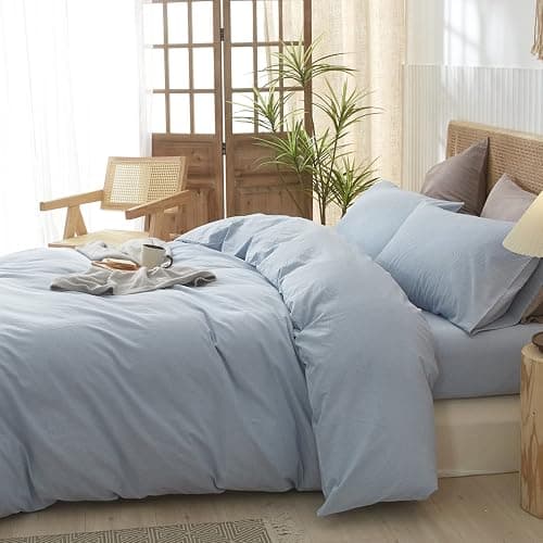 LIFETOWN 100% Washed Cotton Duvet Cover Set Linen Feel Natural Wrinkle Lightweight Comfy (Queen, Cornflower Blue) thumbnail 4