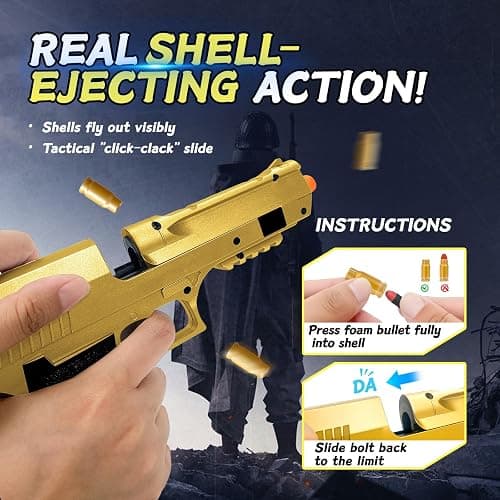 Shell Ejecting Toy Gun for Kids & Adults - Realistic Tactical Blaster with 50 Soft Foam Bullets, Safety Goggles - Shoots 32 Feet - Christmas Birthday Gift for Boys Teens - Outdoor Backyard Battle Game thumbnail 3