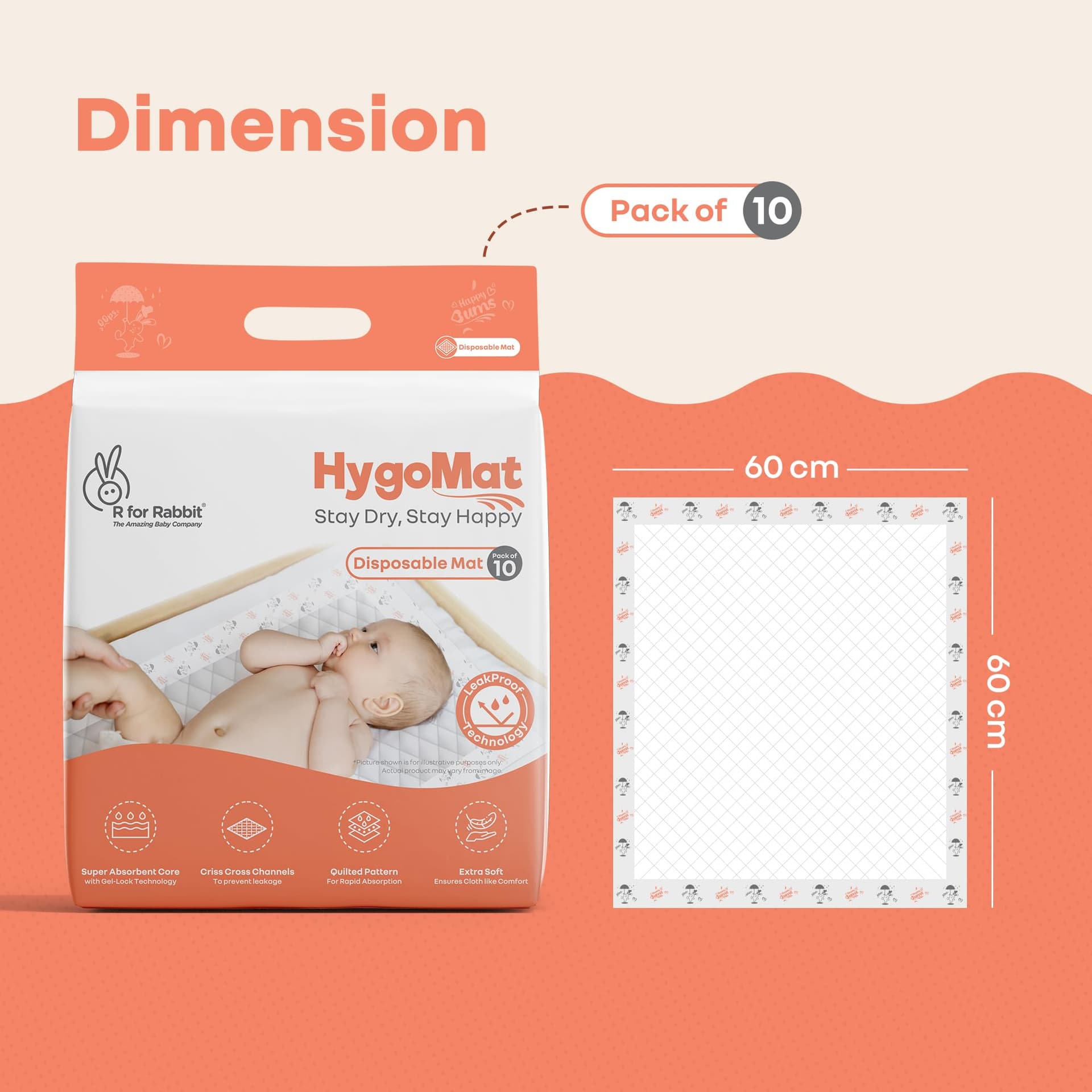 R for Rabbit HygoMat Baby Disposable Changing Mats | 60x60 cm, Pack of 10 Combo Super Absorbent Leak-Proof Underpads | Ultra-Soft Anti-Bacterial Kids Diaper Changing Bed Protector Sheets (White Bunny) thumbnail 8