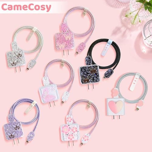 CameCosy Cute Glitter Cable Protector for iPhone Charger with Luxury Butterfly Girly Design Bling Cable Data Line Wire Saver Phone Charger Protector for iPhone 11 12 13 14 15 Pro Max Plus-Purple thumbnail 7