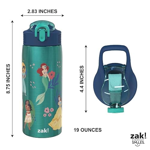 Zak Designs Disney Princess Water Bottle for Travel and At Home, 19 oz Vacuum Insulated Stainless Steel with Locking Spout Cover, Built-In Carrying Loop, Leak-Proof Design (Disney Princess) thumbnail 3