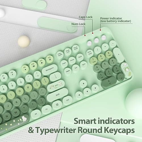 Fogruaden Green Keyboard and Mouse Wireless, Retro Typewriter Keyboard, 2.4GHz 104 Keys Full Size Cute Keyboard with Number Pad, Gradient Colorful Keyboard with Round Keycaps for Windows PC Laptop thumbnail 4