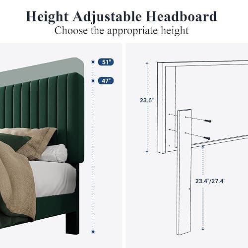Allewie Queen Bed Frame, Velvet Upholstered Platform Bed with Adjustable Vertical Channel Tufted Headboard, Mattress Foundation with Strong Wooden Slats, Box Spring Optional, Easy Assembly, Green thumbnail 6