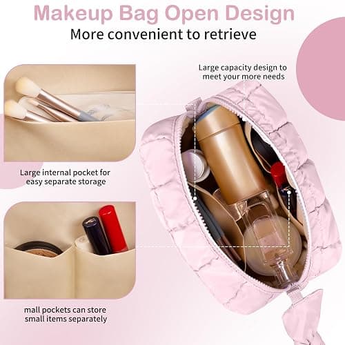 Gosect Puffy Quilted Makeup Bag, Cute Checkered Cosmetic Bags with Divider, Waterproof Travel Toiletry Bag, Make up Pouch for Women & Girls Travel Essentials (Bow, Pink, Medium) thumbnail 4