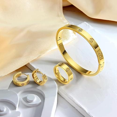 3 Pcs Hoop Earrings Bracelets Ring Sets for Women-18K Gold Plated Love Bracelet Cubic Zirconia Cuff Bangle Hoop Earrings Friendship Love Ring Jewelry Set,Wedding Party Christmas Valentine's Day Birthday Gifts for Her Girlfriend Sister Daughter thumbnail 6