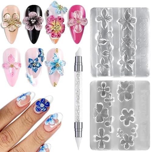 Fcozpjk Silicone Nail Art Molds, 2PCS 3D Flowers Nail Charm Molds with Carving Pen Clear Modeling Templates Hibiscus Flowers Cherry Blossom Design Mold for Resin Epoxy Professional Supplies - Image 1