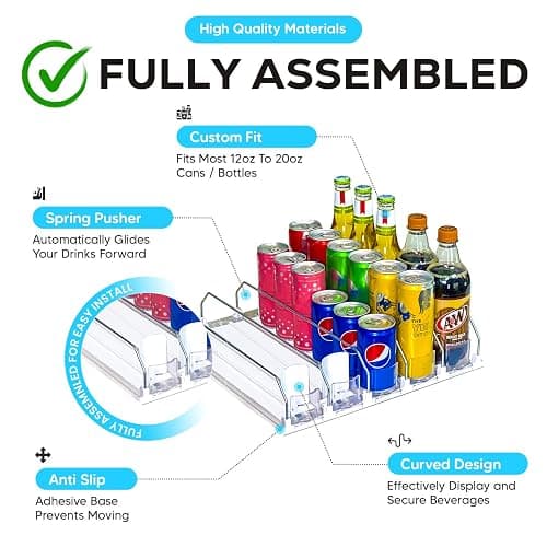 Fully Assembled Drink Beverage Fridge Organizer, Automatic Self-Pusher Glide, Adjustable Width, Soda Can Water Beer Bottle Beverage, 12oz to 20oz, Home Kitchen, Commercial Refrigerator (White) thumbnail 3