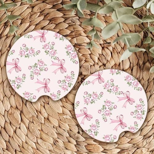 Ceramic Car Coasters – Absorbent Car Cup Holder Coaster Set for Women, Cute Aesthetic Car Accessories for Girls, 2 Pack (Blush) thumbnail 7