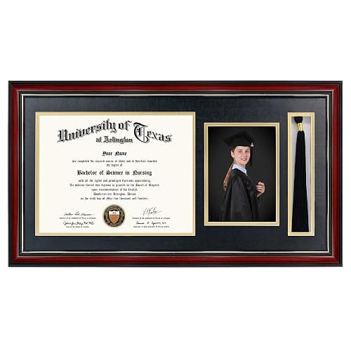 GraduationMall 11x22 Cherry Diploma Frame with Tassel Holder and Picture for 8.5x11 Certificate 5x7 Photo,Tempered Glass,Black over Gold Mat - Image 1