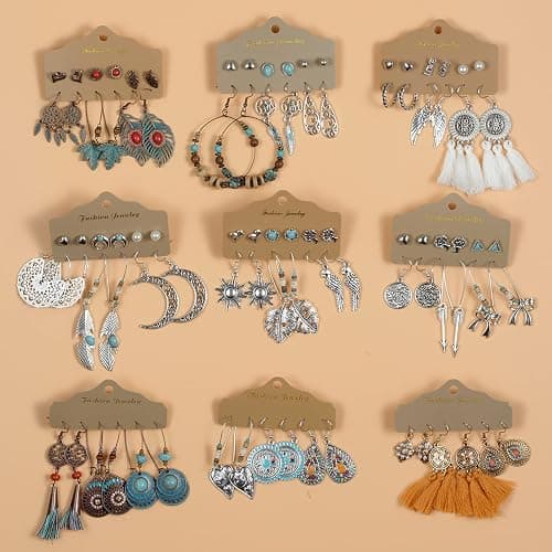 JMScape 45 Pairs Boho Vintage Drop Dangle Earrings Set for Women, Fashion Bohemian Earrings National Style Tassel Eardrop Hollow Bronze Waterdrop Leaf Jewelry for Valentine's Day Gifts thumbnail 6