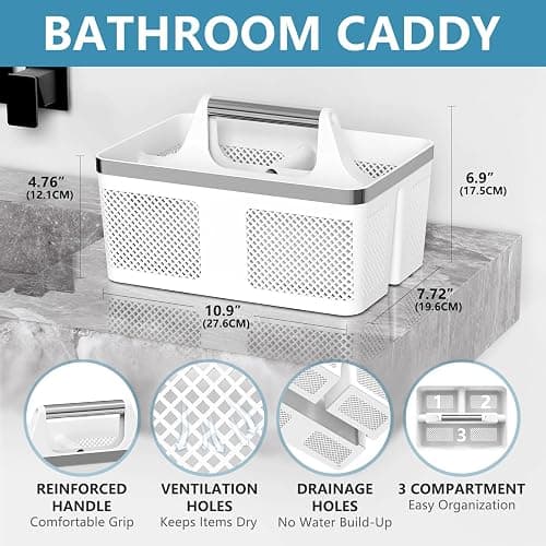 BYUNER Plastic Shower Caddy Dorm: Portable Bathroom Caddy Organizer with Handle and Holes, Cleaning Basket, Hard Shower Basket Storage Tote for Toiletry, College Dorm Room Essentials White/Silver thumbnail 3