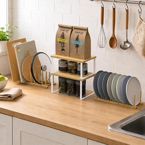Plate Organizer for Cabinet - 4 Pcs Stackable Plate and Bowl Organizer Set with 2 Cabinet Shelves and 16-Slot Dish Rack for Plates, Bowls, Cups and Pot Lids | Reinforced structure, high load-bearing, deformation resistant, fast draining, space saving, multi-scene use, quick assembly thumbnail 2