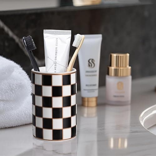Checkered Bathroom Toothbrush Holder, Bathroom Black and White Ceramic Toothbrush Holder, Modern Toothbrush Box, Used for Bathroom countertop Storage Rack, Checkered Bathroom Decoration (Black) thumbnail 4
