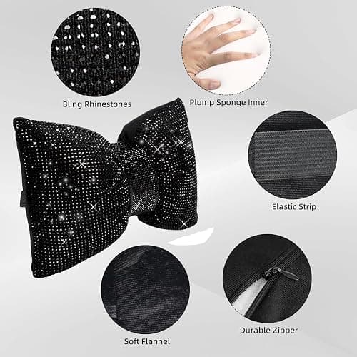 4 PCS Bling Car Pillows,Rhinestones Bowknot Car Headrest Pillow,Black | Car Neck Pillow for Driver Relax Neck Support,Sleeping Travel Support Neck Pillow,Diamond Interior Accessories for Women thumbnail 6