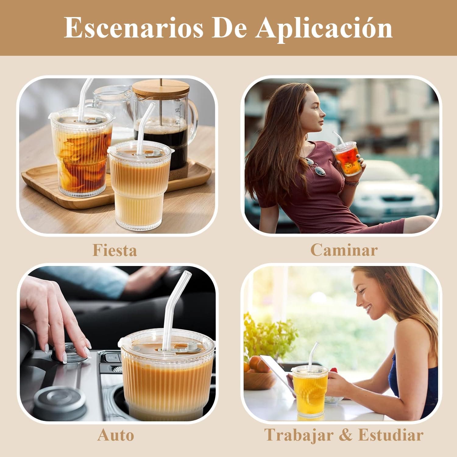 2 Pcs Taza de vidrio con Tapa y Pajita,Juego de Tazas de Café de 400ML,Juego Moderno de Taza de Café Exquisita,Apto Tanto para Frío Como para Calor para Cerveza,Whisky,Capuchino,Té,Leche,Cola thumbnail 5