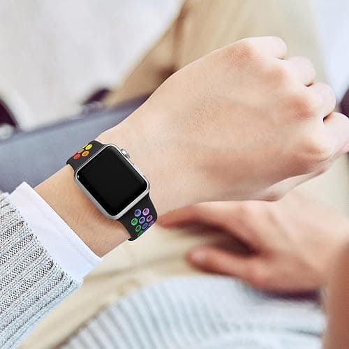 Lerobo Compatible for Apple Watch Band 45mm 44mm 11 10 46mm 42mm 49mm Ultra 3 2,Soft Silicone Sport Bands Wristband Replacement Strap for iWatch SE Series 9 8 7 6 5 4 3 2 1 Women Men,Black/Rainbow,M/L thumbnail 7