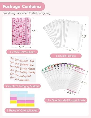 A6 Budget Binder for Money Saving, PU Leather Budget Planner with 8 Cash Envelopes, Budget Sheets & Rose Gold Category Stickers, Money Organizer for Cash (Pink Bow) thumbnail 2