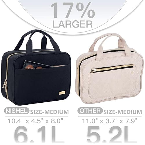 NISHEL Travel Toiletry Bag for women, Portable Hanging makeup Organizer | for Travel-Sized Shampoo, Conditioner, Brushes Set, makeup Accessories, Medium Size, Black thumbnail 3