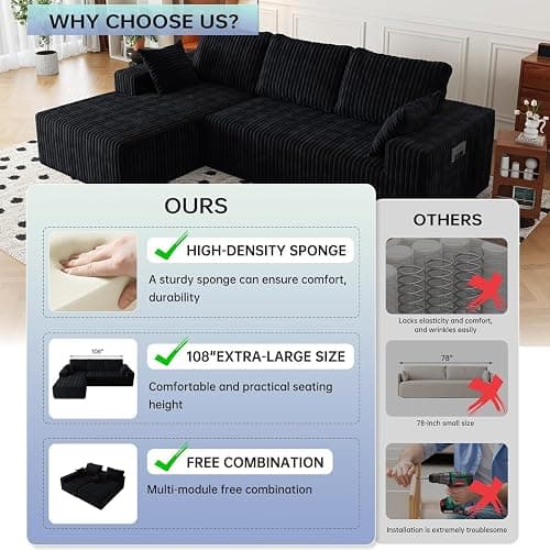 108" Modular Sectional Cloud Couch for Living Room Deep Seat L Shapes Boneless Couch with Oversized Chaise Lounge, Comfy Memory Foam Flannel Fabric Sofa for Bedroom Apartment, No Assembly Required thumbnail 7