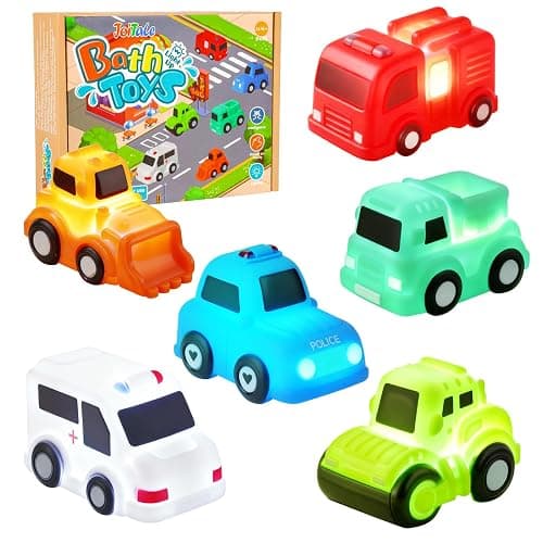 JoiTale Baby Bath Toys, 6 Pack Cars Light Up Bath Toys, No Hole No Mould Bathtub Toy for 1 2 3 Year Olds, Flashing LED Sensory Toy for Toddlers, Bath Time Shower Gifts for Boys and Girls - Image 1
