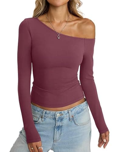 Eachyes Womens Off Shoulder Tops Tight Long Sleeve Shirts Sexy Top Y2K Slim Fit Going Out Fall Fashion Clothes 2026 thumbnail 2