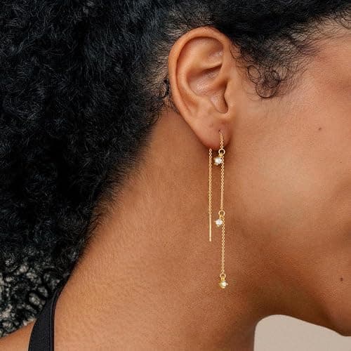 Sewyer Gold Earrings for Women, Dainty 14K Gold Plated Dangle Earrings for Women Trendy Long Dangle Drop Chain Earring for Sensitive Ears Cute Hypoallergenic Threader Earring Non Tarnish Jewelry Gifts thumbnail 2
