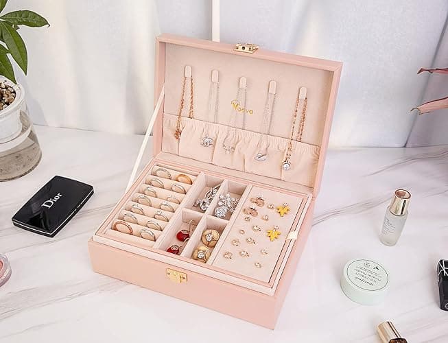 Voova Jewellery Box Organiser for Women Girls, 2 Layers Large Jewelry Storage Case, PU Leather jewlerrying Display Holder with Removable Tray for Necklace Earrings Rings Bracelets, Gifts, Pink thumbnail 2