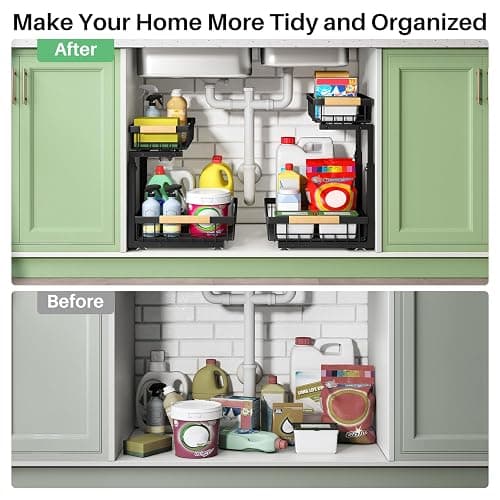 Kitstorack Under Sink Organizer, 2 Tier Under the Sink Storage, Slide out Pull out Cabinet Organizer Shelf, Metal Sliding Drawer for Kitchen Bathroom Pantry Closet Organization Rack, Black, 2 Pack thumbnail 8