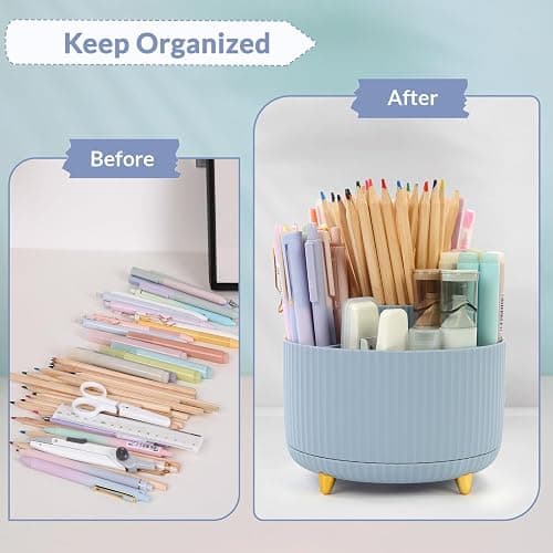 SKYDUE 360 Degree Rotating Desk Organizer, Dual-Purpose Pencil Pen Holder, Rotating Desk Pen Organizer with 5 Slots, Pencil Cup for Office, School, Home (Airy Blue) thumbnail 4