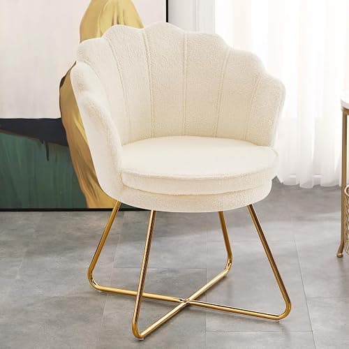 Furnimart Vanity Chair with Back, Shell Accent Chair for Living Room, Criss Cross Chair with Gold Legs, Makeup Chair for Bedroom Desk Chair no Wheels, Faux Fur White thumbnail 8