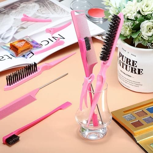 Remerry 12 Pcs Hair Brush Set Rat Tail Comb Edge Teasing, Pink | Nylon Bristle Teasing for Volume, Metal Tail Parting Comb for Sectioning, Dual Sided Edge Smoothing, 6 Duckbill Clips thumbnail 6