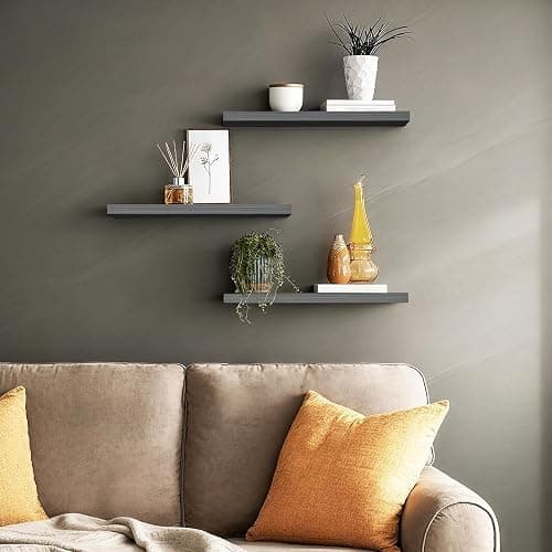 BAYKA Grey Floating Shelves for Wall, Wall Mounted Rustic Wood Shelves for Bathroom, Bedroom, Living Room, Kitchen,Small Hanging Shelf for Books/Storage/Room Decor (Set of 3, 15.7in) thumbnail 2