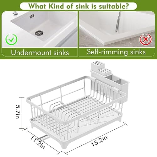 Kmiectse Dish Drying Rack for Small Kitchen Counter with Utensil Holder | Space Saving, Rust Resistant, Quick Drainage Dish Rack, Compact Dish Drainer Organizer for Home Kitchen, White thumbnail 2