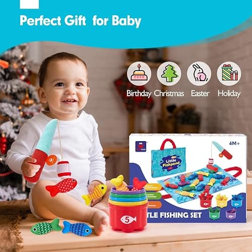 hahaland Montessori Toys for 1 Year Old Boy Girl Birthday Gift - 10 in 1 Cloth Fishing Game Easter Basket Stuffers for Toddler Toys 1-3 with Stacking Cups - Number Counting, Color Sorting Learning thumbnail 8