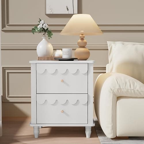 White Nightstand Side End Table with 2 Drawers, Modern Wood Night Stand with Petal Pattern for Bedroom, Scalloped Bedside Night Tables with Solid Wood Legs thumbnail 7