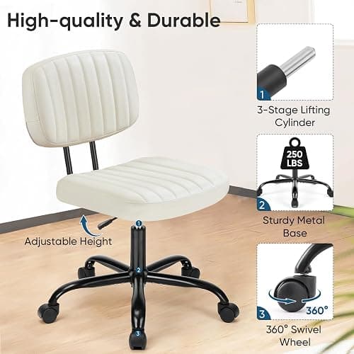 DUMOS Armless Home Office Desk Chair -Small Ergonomic with Low Back Lumbar Support, Height Adjustable PU Leather Computer Task with 360° Swivel Rolling Wheels, for Small Space, Beige White thumbnail 5